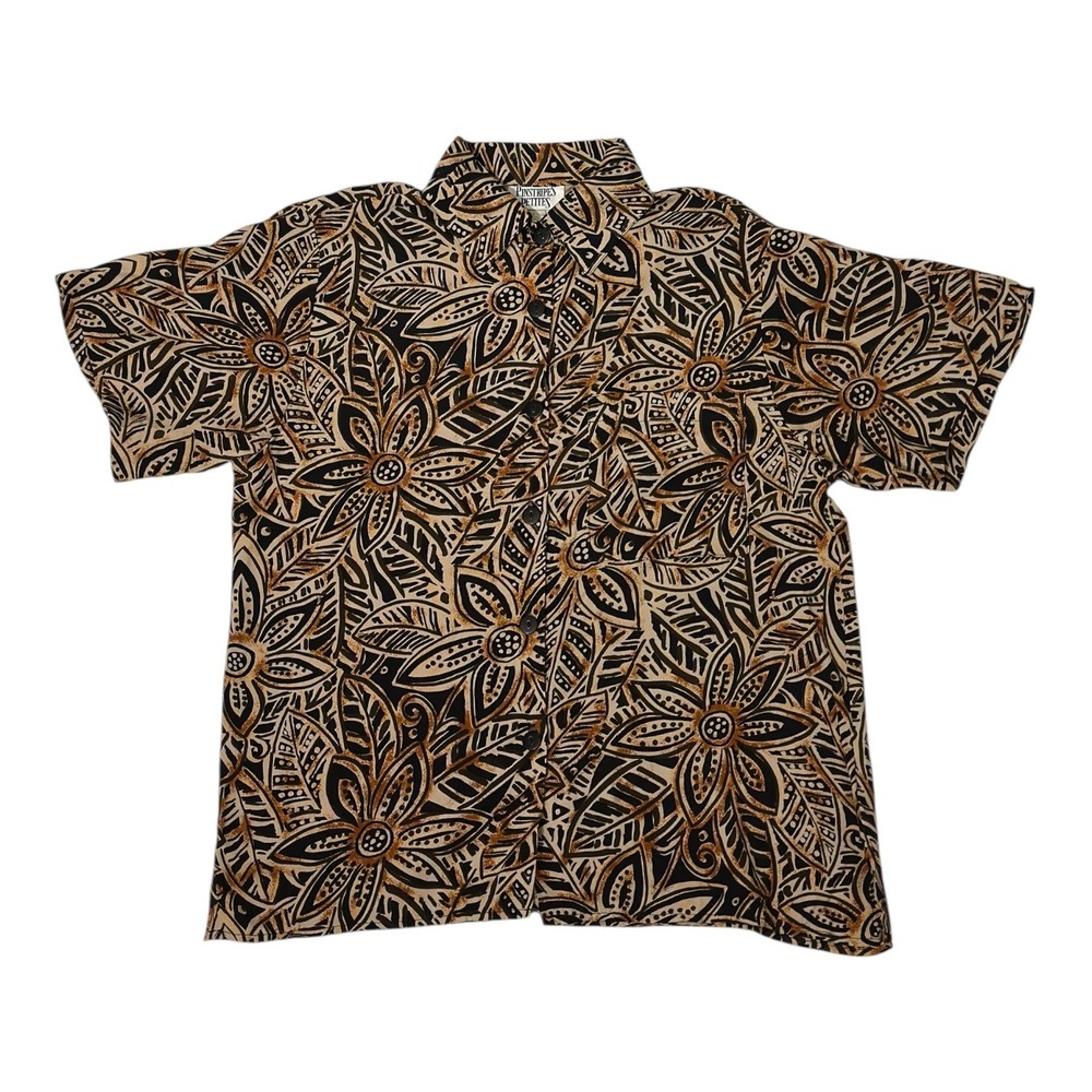 Pinstripes Petite Vintage Womens Floral Print Short Sleeve Button Up Shirt